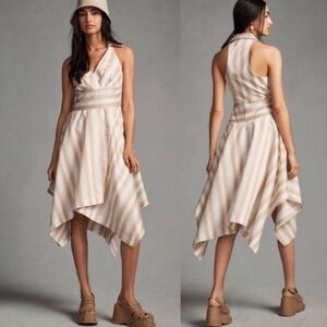 Maeve Asymmetrical Wrap Shirt Dress White Tan Blue Size 8